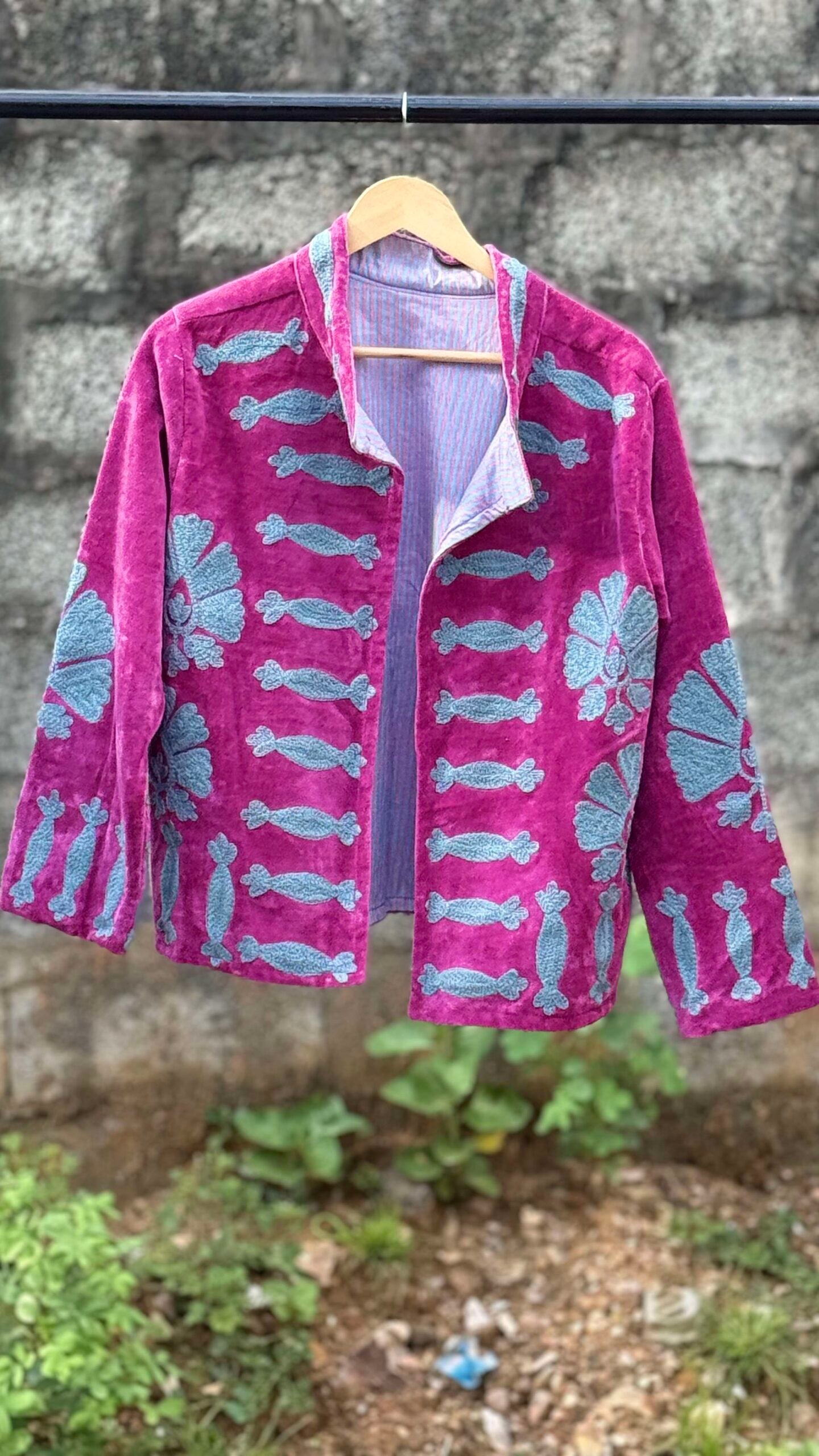 Womens Pink Velvet Embroidered Jacket with Floral Design - Image 2