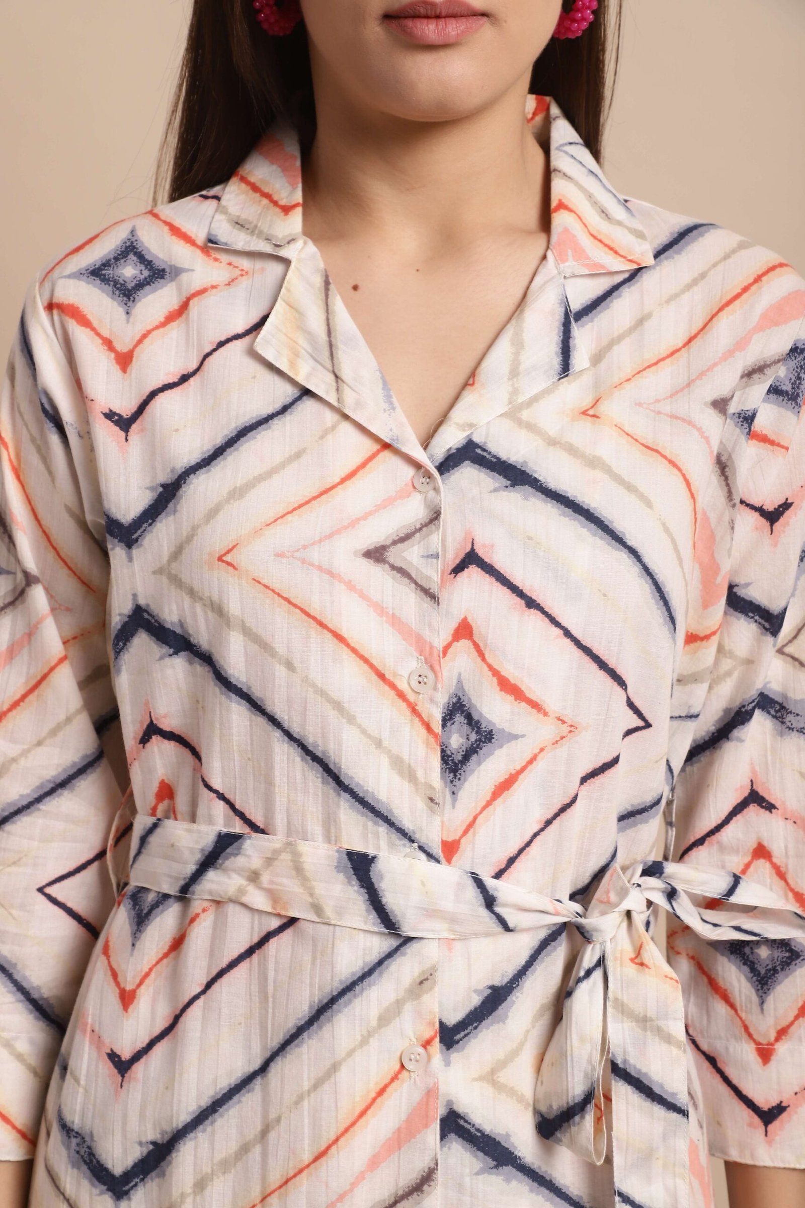 Women's Pure Cotton Printed Collared Top and Pant Co-ord Set (White) - Image 2