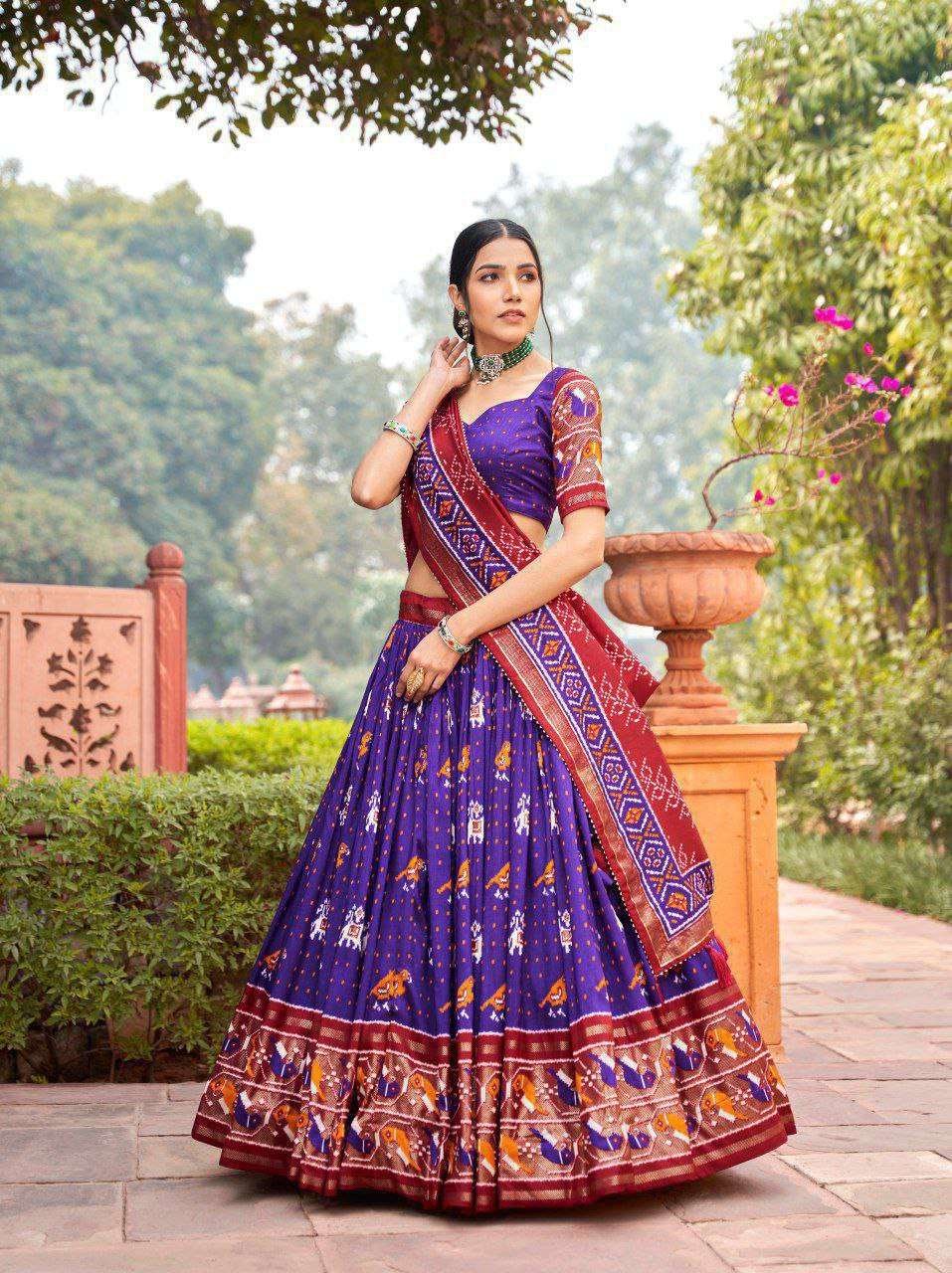 Blue Tussar Silk Lehenga Choli with Magenta Blue Blouse | Patola Print & Foil Work | Wedding & Festive Wear - Image 3