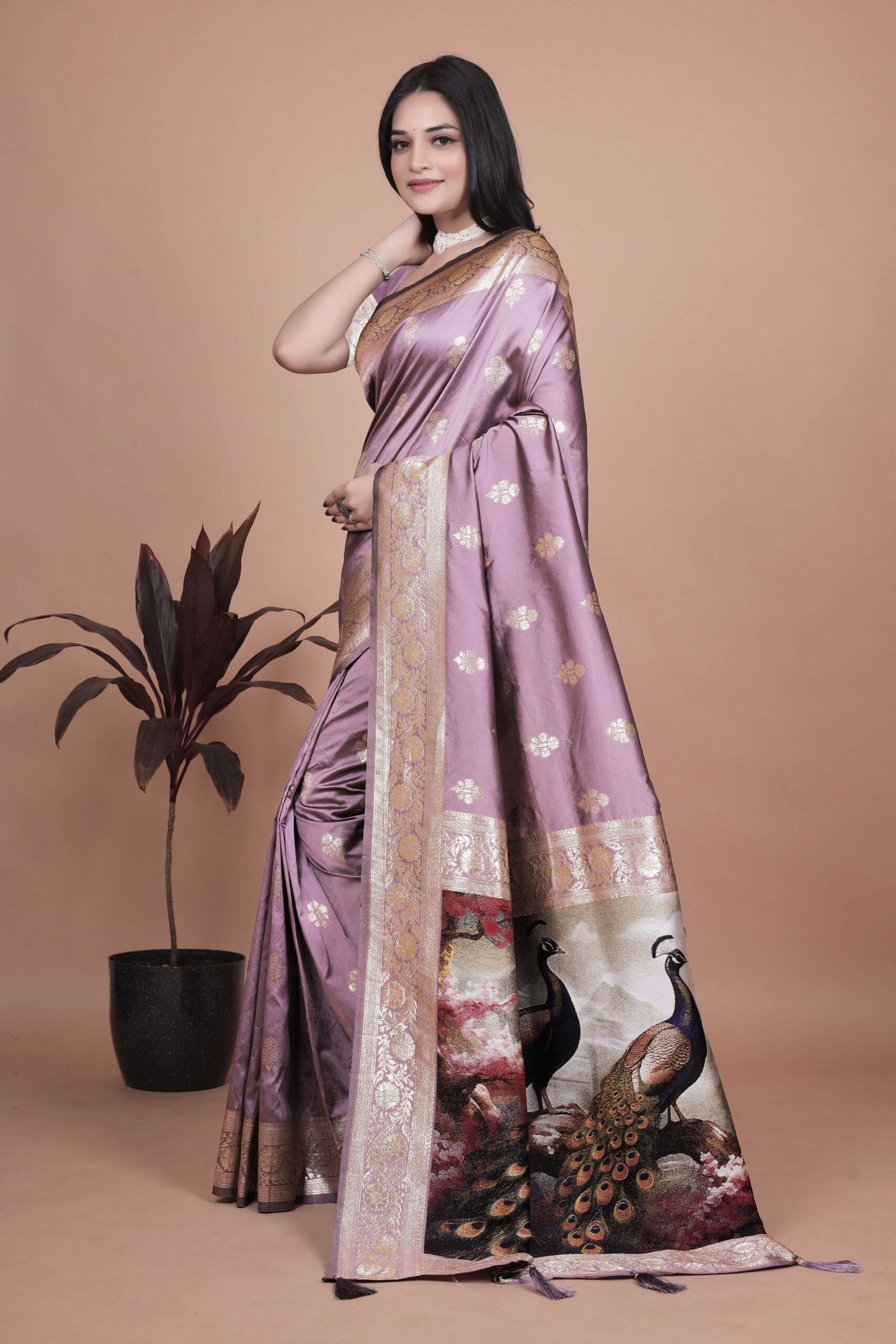 Lavender Banarasi Silk Saree with Golden Zari & Peacock Motif Pallu | Wedding, Festive & Traditional Wear - Image 2