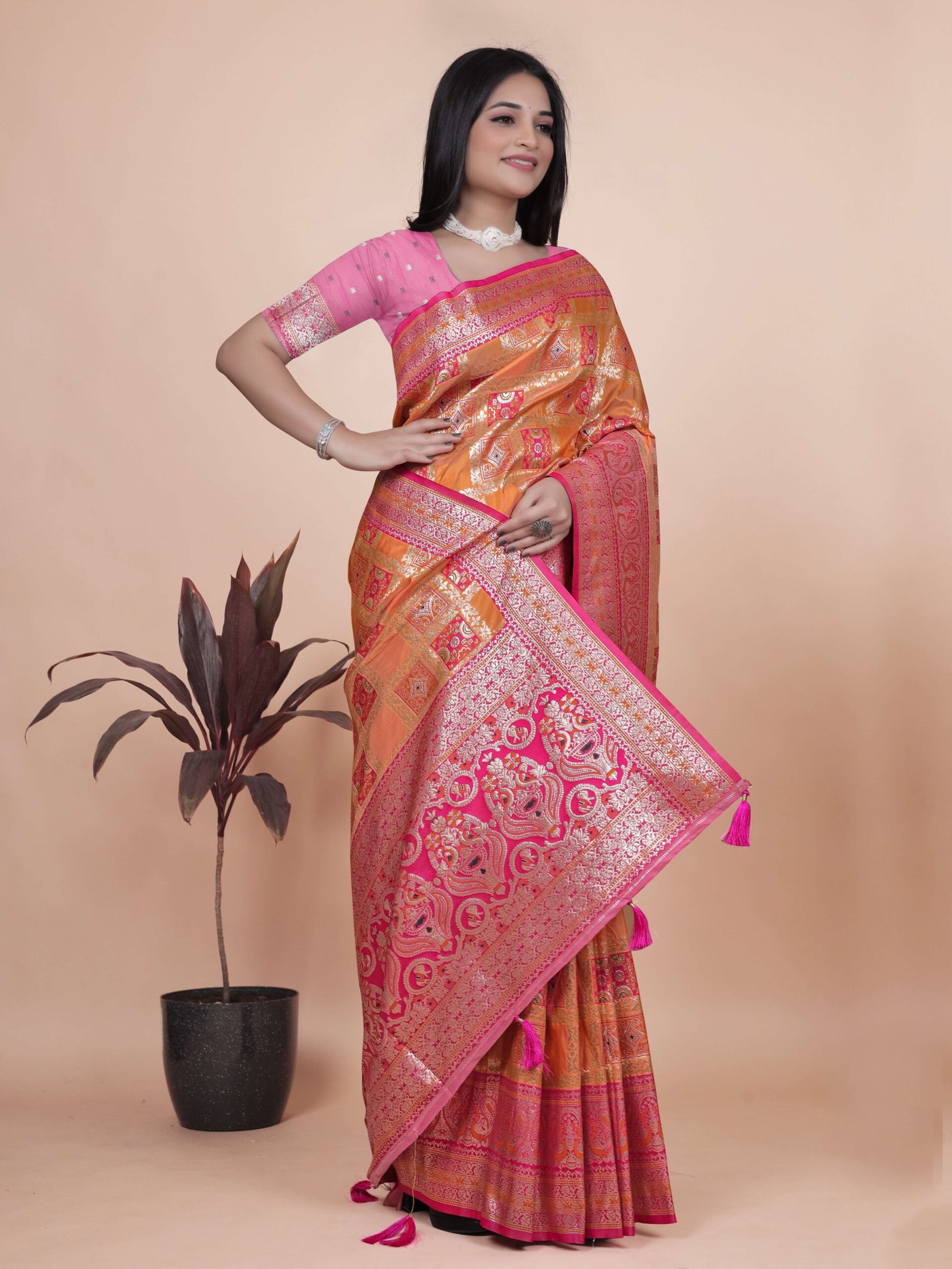 Orange & Pink Banarasi Silk Saree with Silver Zari | Wedding & Festive Saree | Traditional Banarasi Saree with Rich Contrast Pallu - Image 3