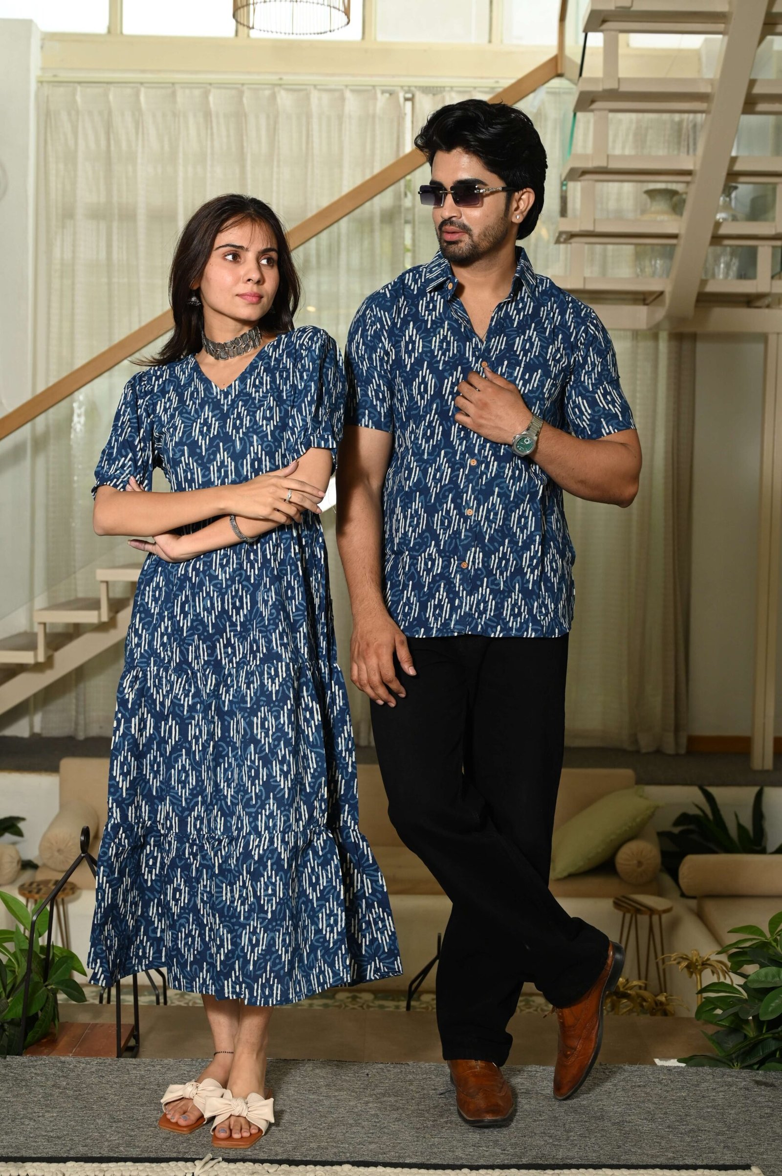 Couple Matching Blue Ikat Print Cotton Anarkali Midi Dress and Shirt Set - Image 2